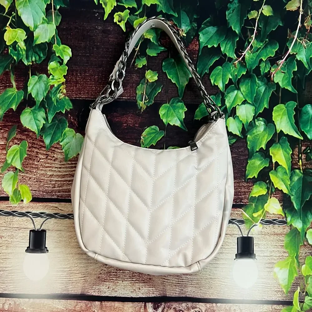 Steve Madden Chalk Quilted Hobo Bag Purse Handbag White Gray Supple 12x10x4